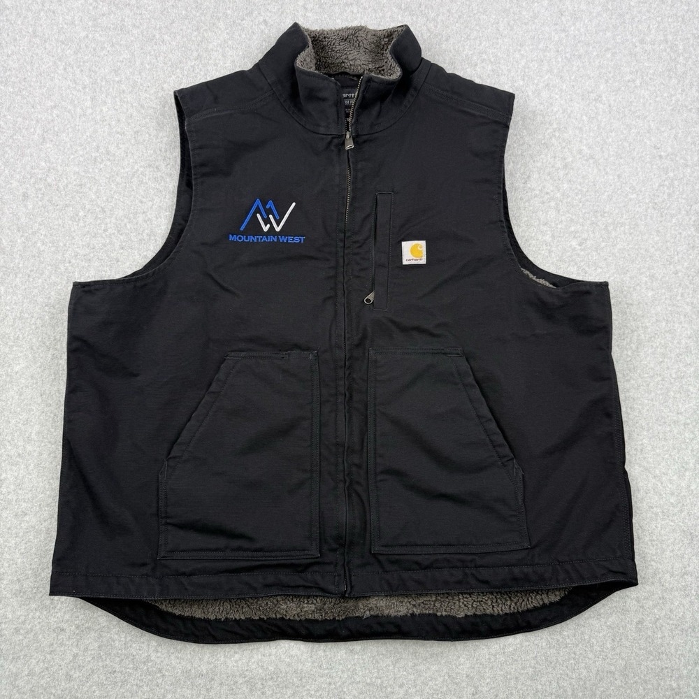 Carhartt Vest Mens XL Black Duck Canvas Sherpa Lined Loose Fit Full Zip Work
